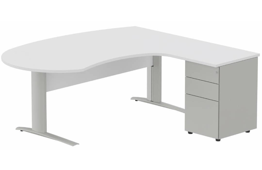 K1 VDF bois compact 90° manager 190x141x104x60cm sur caisson HB métal 3 tiroirs, plateau blanc, structure aluminium