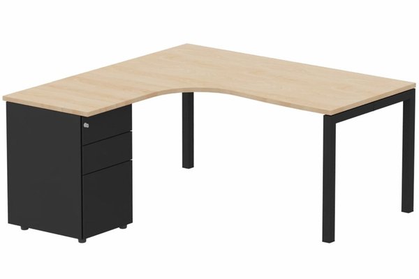Gamme K3 - Plans compacts - K3- Plan compact 90° asymétrique 160x162x80/60cm avec caisson HB métal 3 tiroirs - retour à gauche -Finitions : PLATEAUX: HETRE (HE) / PIETEMENTS: NOIR GRAINE MAT (NG) / CAISSONS METALLIQUES: NOIR GRAINE MAT (NG)