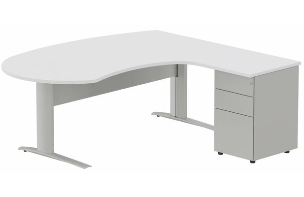 Gamme K1 - Plans compacts - K1 VDF métal compact 90° manager 190x141x104x60cm sur caisson HB métal 3 tiroirs, plateau blanc, structure aluminium