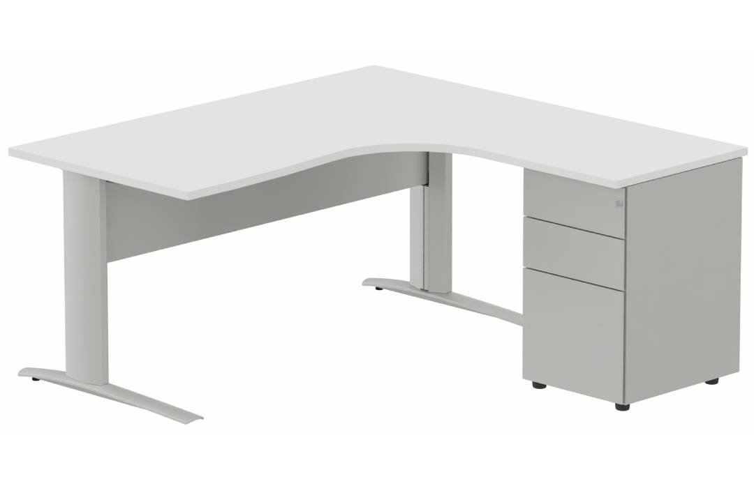 K1 VDF METAL Compact 90° asymétrique 160x162x80/60cm retour à droite avec caisson HB métal 3 tiroirs blanc/aluminium - sur d