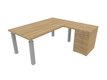 X4- Plan Manager 180x90cm + retour 100x60cm sur caisson hauteur de bureau 3 tiroirs (encombrement 180x190cm) Plateau : Chêne naturel / Caisson : Chêne naturel / Piètements : alu
