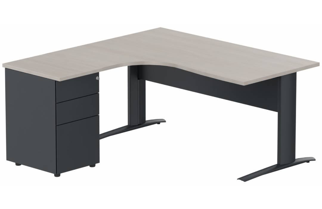 K1 VDF METAL Compact 90° asymétrique 160x162x80/60cm retour à gauche avec caisson HB métal 3 tiroirs, plateau acacia, struct