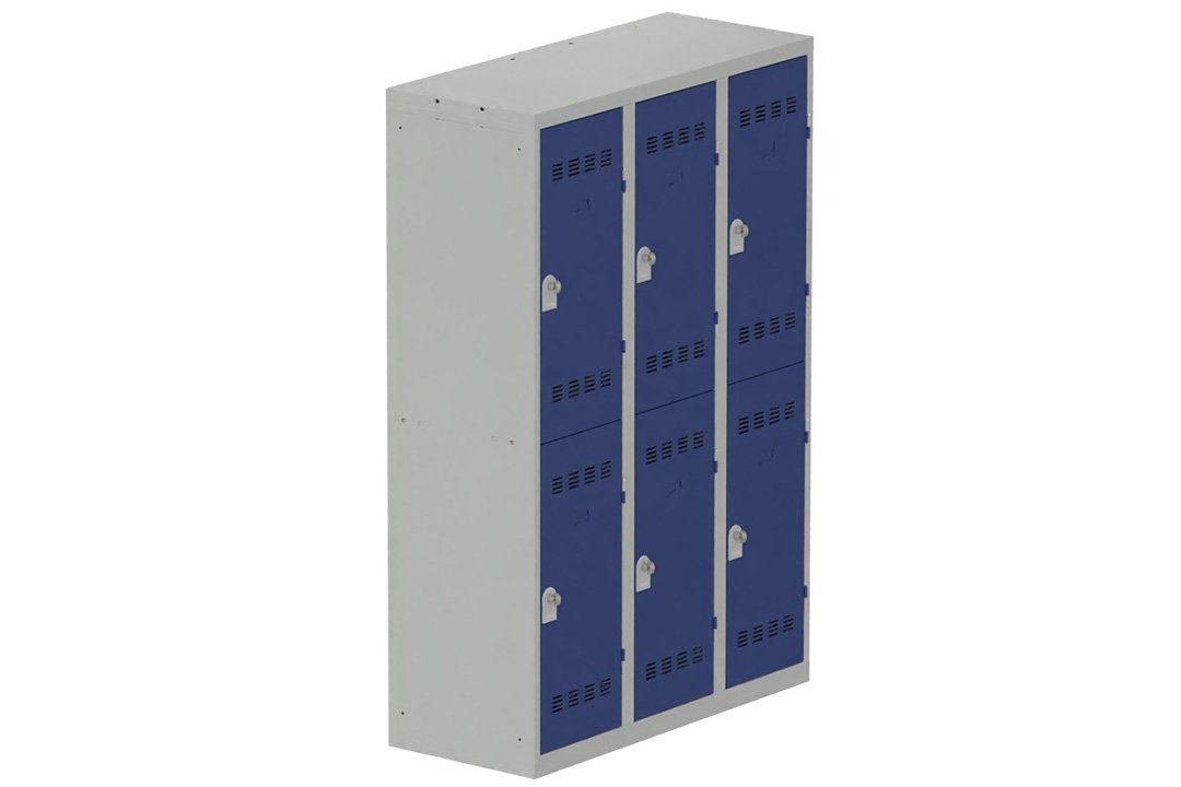 Vestiaire multicases, 3 colonnes L.120cm/6 cases, coffre gris clair/portes bleu foncé
