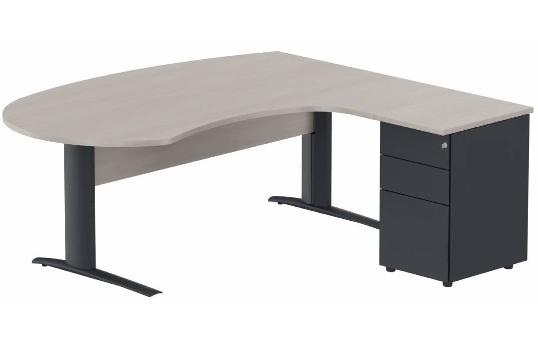 K1 VDF bois compact 90° manager 190x141x104x60cm sur caisson HB métal 3 tiroirs, plateau acacia, structure anthracite