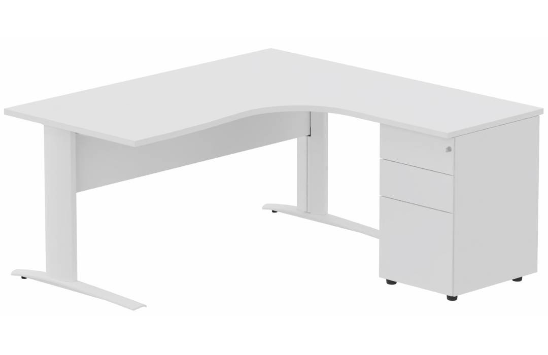 K1 VDF METAL Compact 90° asymétrique 160x162x80/60cm retour à droite avec caisson HB métal 3 tiroirs blanc/blanc - sur déla