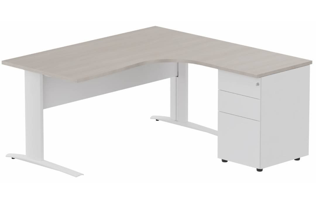 K1 VDF METAL Compact 90° asymétrique 160x162x80/60cm retour à droite avec caisson HB métal 3 tiroirs, plateau acacia, struct
