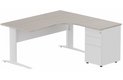 K1 VDF METAL Compact 90° asymétrique 180x162x80/60cm retour à droite avec caisson HB métal 3 tiroirs, plateau acacia, struct