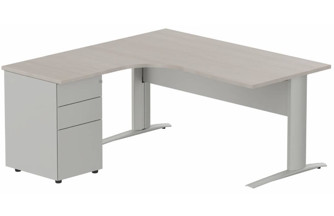 K1 VDF METAL Compact 90° asymétrique 160x162x80/60cm retour à gauche avec caisson HB métal 3 tiroirs, plateau acacia, struct