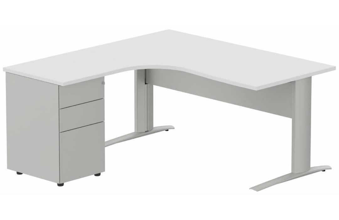 K1 VDF METAL Compact 90° asymétrique 160x162x80/60cm retour à gauche avec caisson HB métal 3 tiroirs blanc/aluminium - sur d