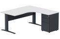 K1 Voile de fond Métal - Plan compact 90° asymétrique 180x162x80/60cm avec caisson HB métal 3 tiroirs - retour à droite -Finitions : PLATEAUX: BLANC (BL) / PIETEMENTS: ANTHRACITE (AN) / CAISSONS METALLIQUES: ANTHRACITE (AN)