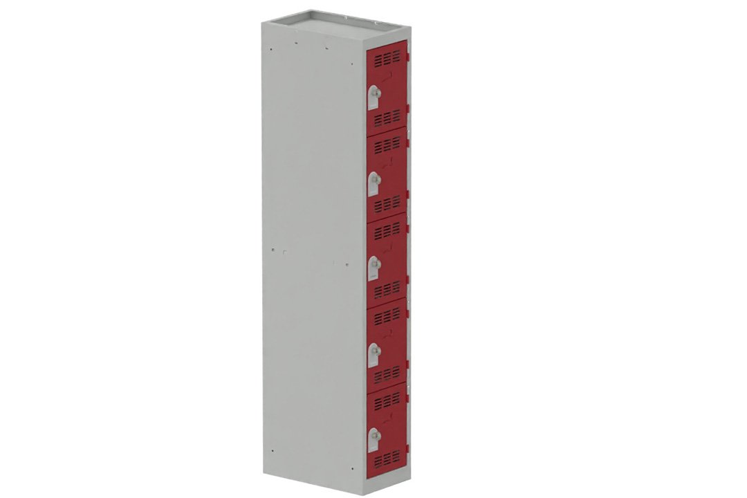 Vestiaire multicases 1 colonne L,30cm 5 cases (fermeture cadenas) H,180xL,30xP,50cm coffre gris clair/portes rouge