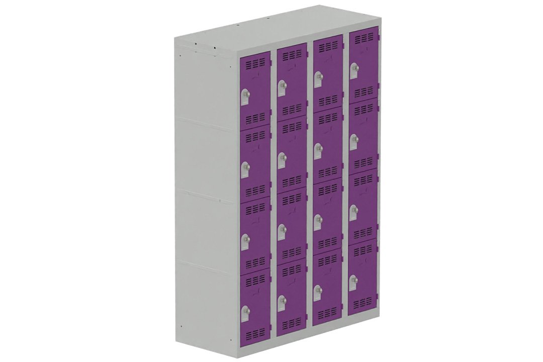 Vestiaire multicases 4 colonnes L,30cm 4 cases (fermeture cadenas) H,180xL,120xP,50cm coffre gris clair/portes prune