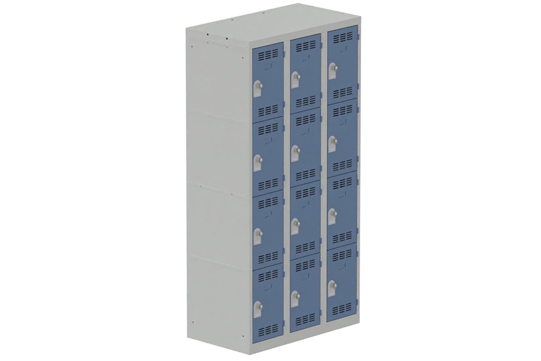 Vestiaire multicases 3 colonnes L,30cm 4 cases (fermeture cadenas) H,180xL,90xP,50cm coffre gris clair/portes bleu
