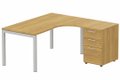 K3 Compact 90° asymétrique 180x162x80/60cm retour à droite avec caisson HB bois 3 tiroirs, plateau noyer, structure aluminium