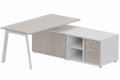 K8 Plan 200x100 avec meuble porteur (L180xP64) avec caisson 2T dont 1 DS intégré - meuble à droite -Finitions = Plateau et top de finition : Acacia /Piétement :Blanc (BL) / Corps du meuble : Blanc /Façade : Acacia