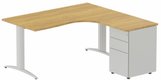 K2 Compact 90° asymétrique 160x162x80/60cm retour à droite avec caisson HB métal 3 tiroirs noyer / alluminium