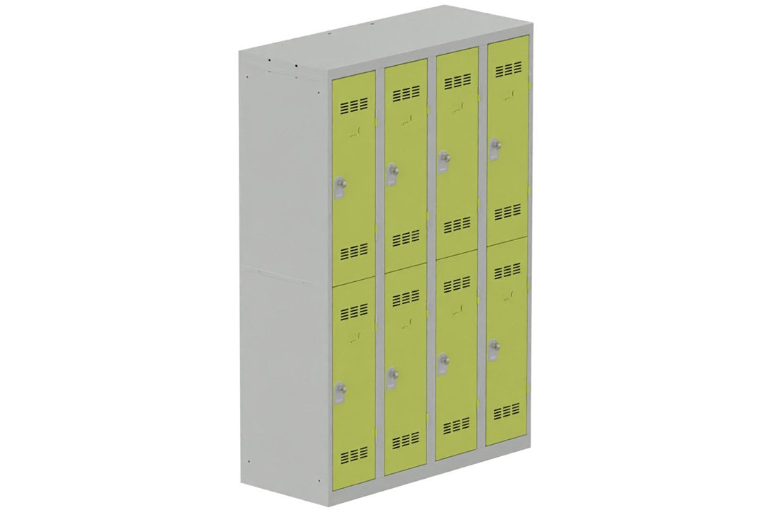 Vestiaire multicases 4 colonnes L,30cm 2 cases (fermeture cadenas) H,180xL,120xP,50cm coffre gris clair/portes anis