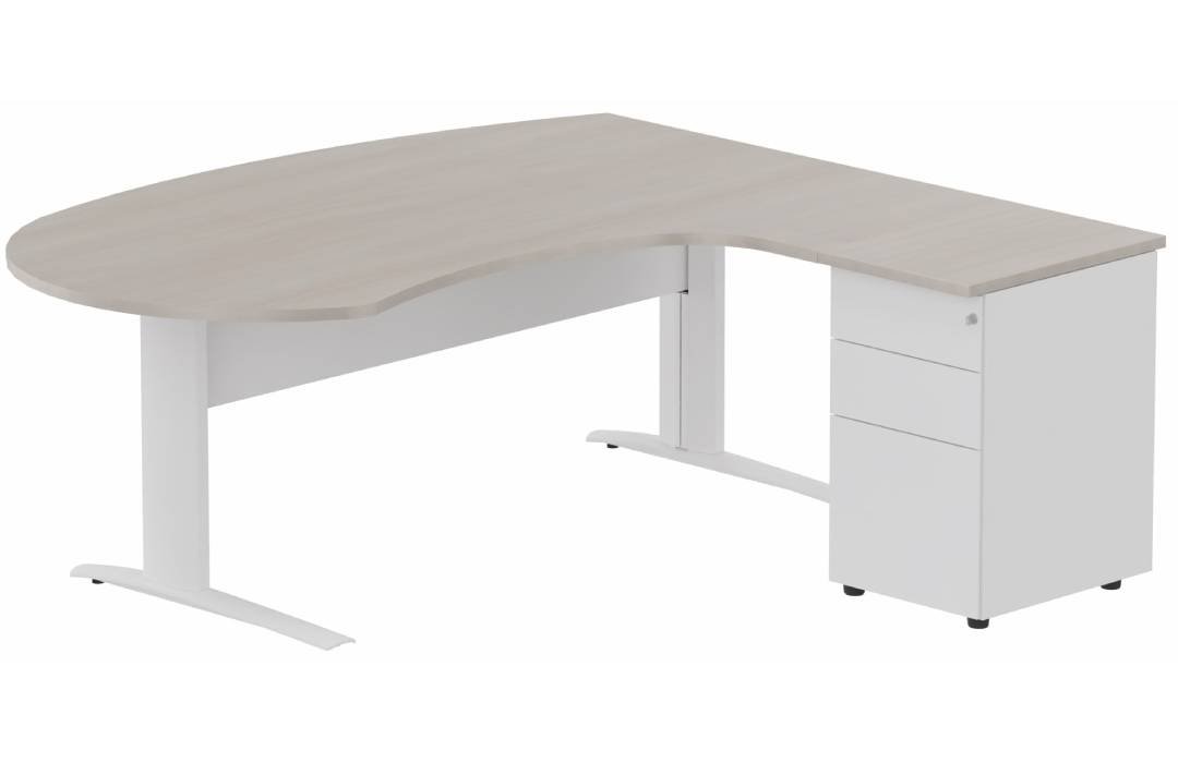 K1 VDF métal compact 90° manager 190x141x104x60cm sur caisson HB métal 3 tiroirs, plateau acacia, structure blanc