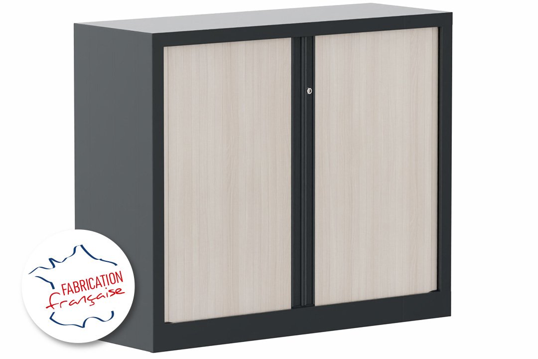 Armoire à rideaux H100xL120cm 2 tablettes coffre anthracite / rideaux acacia