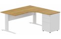 K1 Voile de fond Métal - Plan compact 90° asymétrique 180x162x80/60cm avec caisson HB métal 3 tiroirs - retour à droite -Finitions : PLATEAUX: NOYER (NO) / PIETEMENTS: BLANC (BL) / CAISSONS METALLIQUES: BLANC (BL)