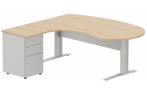 Gamme K1 - Plans compacts - K1 VDF métal compact 90° manager 190x141x104x60cm sur caisson HB métal 3 tiroirs, plateau hêtre, structure aluminium