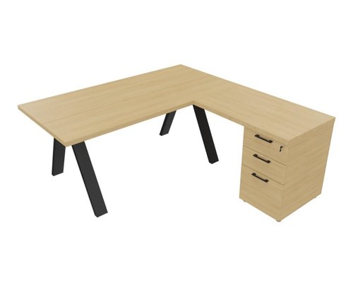 [Pas de famille] - [Pas de sous famille] - X3 Plan Manager 180*90cm + retour 100x60cm sur caisson hauteur de bureau 3 tiroirs (encombrement 180x190cm). Plateau, caisson Chêne clair et pietement Noir.