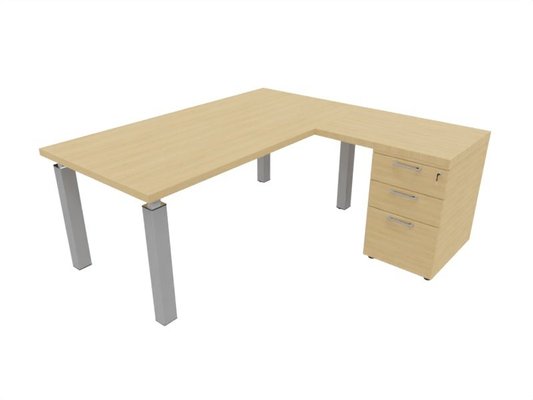 [Pas de famille] - [Pas de sous famille] - X4- Plan Manager 180x90cm + retour 100x60cm sur caisson hauteur de bureau 3 tiroirs (encombrement 180x190cm)  Plateau : Chêne (CE) / Caisson : Chêne (CE) / Piètements : alu