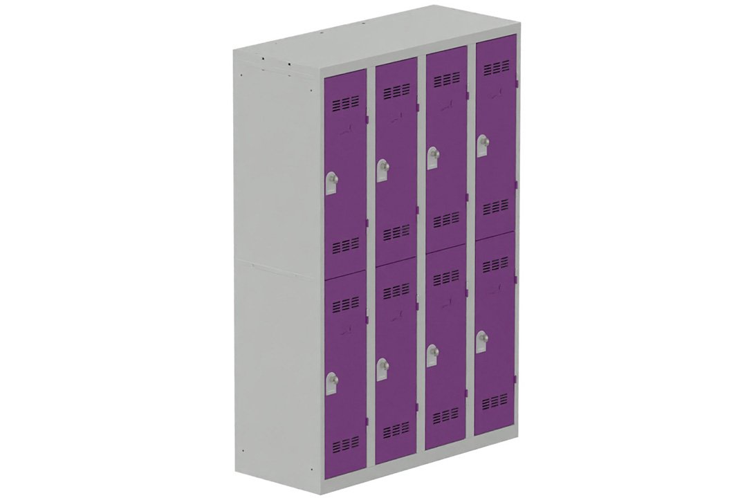 Vestiaire multicases 4 colonnes L,30cm 2 cases (fermeture cadenas) H,180xL,120xP,50cm coffre gris clair/portes prune