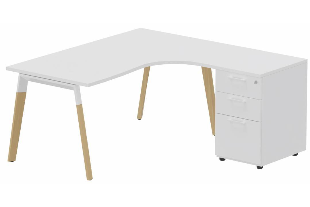K8Wood Plan compact 90° asymétrique 180x162x80/60cm avec caisson HB bois 3 tiroirs - retour à droite