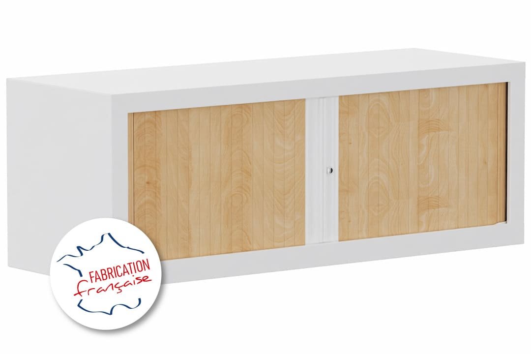 Armoire rehausse H44xL120cm coffre blanc/rideaux hêtre
