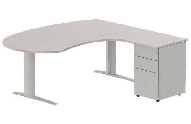 Gamme K1 - Plans compacts - K1 POUTRE compact 90° manager 190x141x104x60cm sur caisson HB métal 3 tiroirs, plateau acacia, structure aluminium