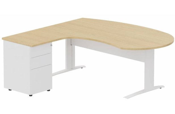 Gamme K1 - Plans compacts - K1 Voile de fond Métal - Plan compact 90° asymétrique Manager 190x183x104/60cm avec caisson HB métal 3 tiroirs - retour à gauche
