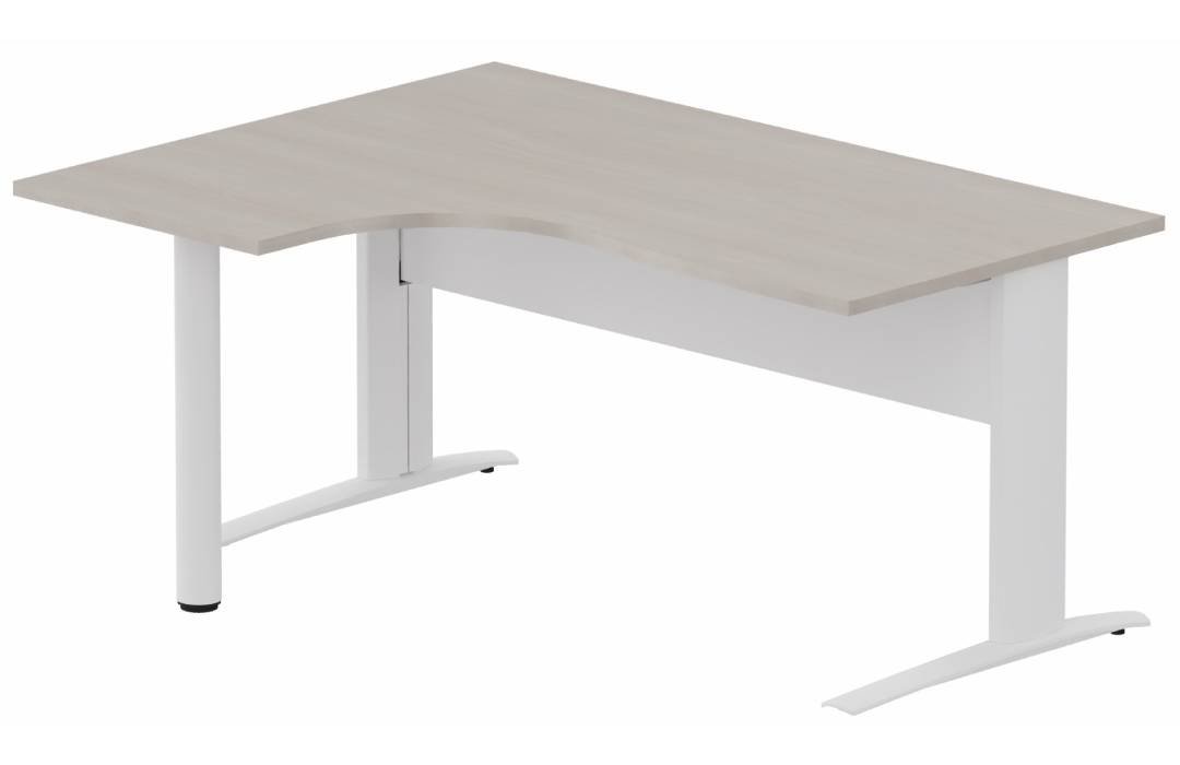 K1 VDF METAL Compact 90° asymétrique 180x120x80/60cm retour à gauche sur pied de soutien, plateau acacia, structure blanc