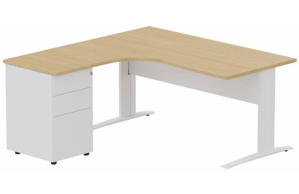 Gamme K1 - Plans compacts - K1 Voile de fond Métal - Plan compact 90° asymétrique 180x162x80/60cm avec caisson HB métal 3 tiroirs - retour à gauche