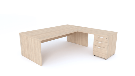 Gamme X5 - Tables de Bureau avec retour - X5- Plan Manager 200x100cm avec retour 100x60cm sur caisson hauteur bureau 3 tiroirs (encombrement 200x200cm) -Finitions = Plateau : Chêne (CE) / Caisson : Chêne (CE) / Piètements : Chêne (CE), poignées blanches
