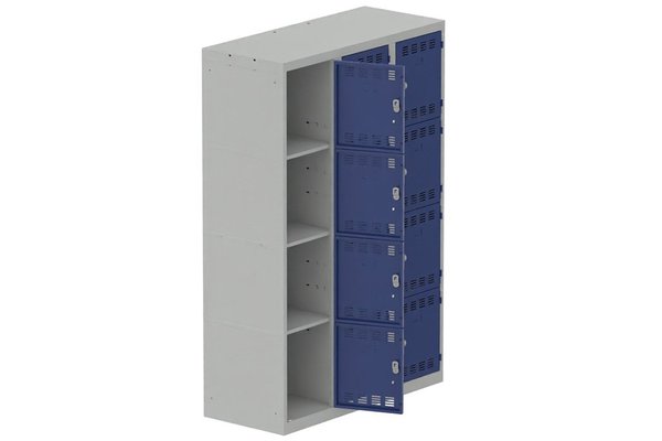 VESTIAIRES MULTICASES - 3 Colonnes - Vestiaire multicases, 3 colonnes L.120cm/12 cases, coffre gris clair/portes bleu foncé