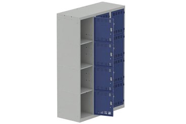 VESTIAIRES MULTICASES - 3 Colonnes - Vestiaire multicases, 3 colonnes L.120cm/12 cases, coffre gris clair/portes bleu foncé