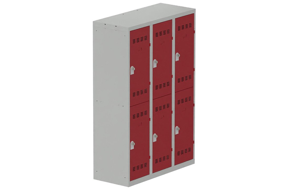 Vestiaire multicases 3 colonnes L,40cm 2 cases (fermeture cadenas) H,180xL,120xP,50cm coffre gris clair/portes rouge