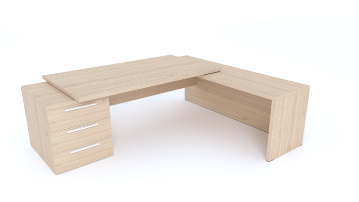 Gamme X5 - Tables de Bureau avec retour - X5- Plan Manager 180x90cm sur caisson XXL 3 tiroirs avec retour mur débordant (encombrement 236x200cm)  -Finitions = Plateau : Chêne (CE) / Caisson : Chêne (CE)