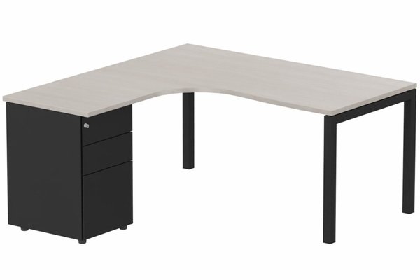 Gamme K3 - Plans compacts - K3- Plan compact 90° asymétrique 160x162x80/60cm avec caisson HB métal 3 tiroirs - retour à gauche -Finitions : PLATEAUX: ACACIA (AK) / PIETEMENTS: NOIR GRAINE MAT (NG) / CAISSONS METALLIQUES: NOIR GRAINE MAT (NG)