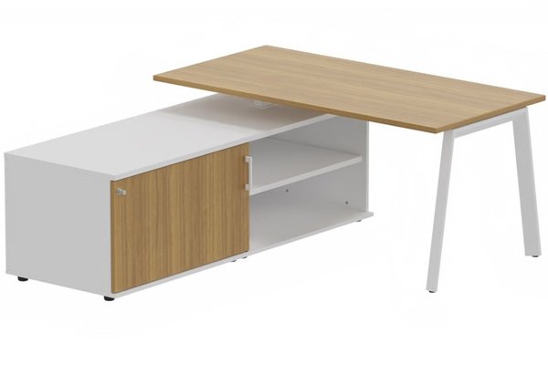 Gamme K8 - Plans droits - K8 Plan 200x100 avec meuble porteur (L180xP64) sans caisson - meuble à gauche - Finitions = Plateau et top de finition : Noyer/ Piétement :Blanc (BL) / Corps du meuble : Blanc / Façade : Noyer