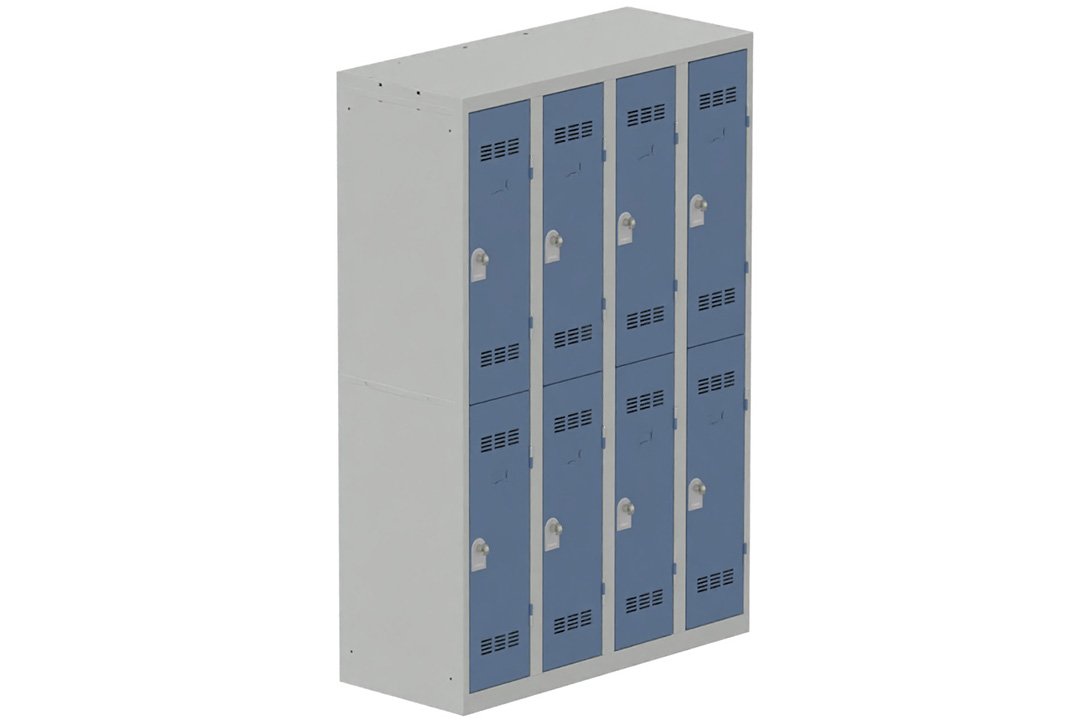 Vestiaire multicases 4 colonnes L,30cm 2 cases (fermeture cadenas) H,180xL,120xP,50cm coffre gris clair/portes bleu