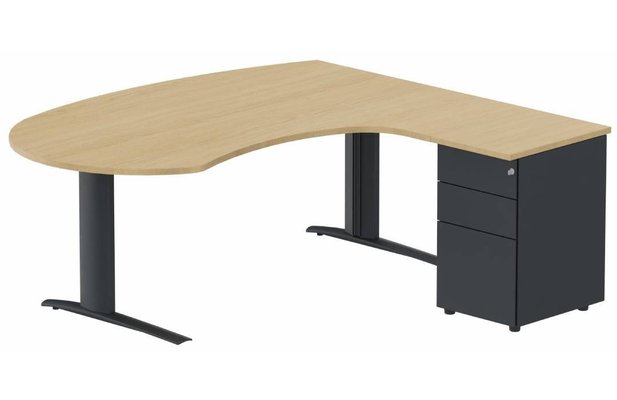 Gamme K1 - Plans compacts - K1 POUTRE compact 90° manager 190x141x104x60cm sur caisson HB métal 3 tiroirs, plateau chêne, structure anthracite