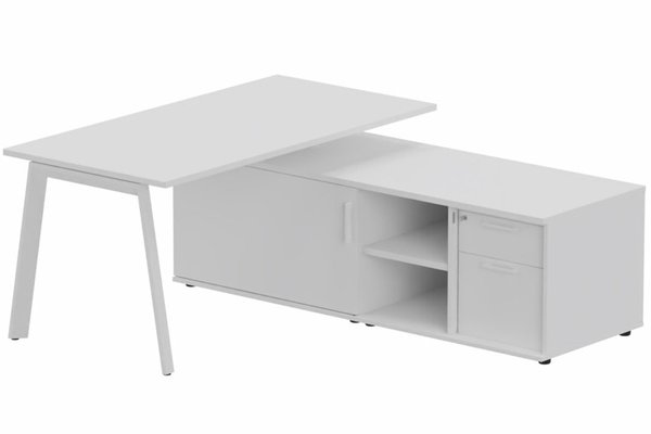 Gamme K8 - Plans droits - K8 Plan 160x80 avec meuble porteur (L180xP64 ) avec caisson 2T dont 1 DS intégré - meuble à droite - Finitions = Plateau et top de finition : Blanc /Piétement :Blanc (BL) / Corps du meuble : Blanc /Façade : Blanc