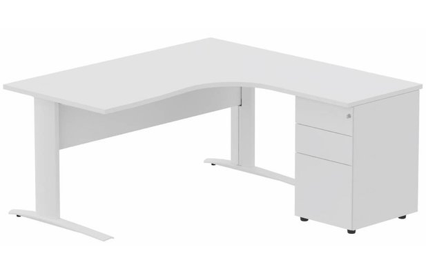 Gamme K1 - Plans compacts - K1 VDF METAL Compact 90° asymétrique 180x162x80/60cm retour à droite avec caisson HB métal 3 tiroirs blanc/blanc - sur déla