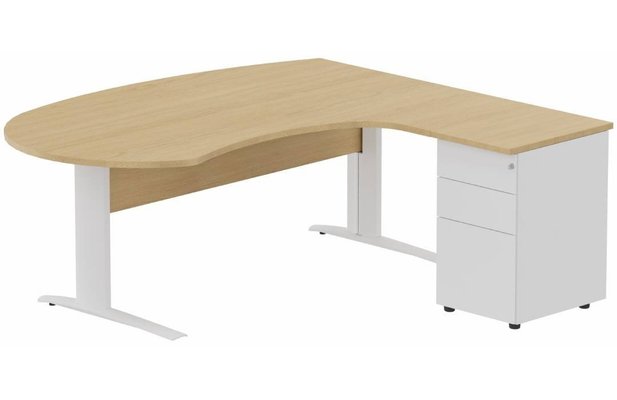 Gamme K1 - Plans compacts - K1 Voile de fond Bois-  Plan compact 90° asymétrique Manager 190x183x104/60cm avec caisson HB métal 3 tiroirs - retour à droite