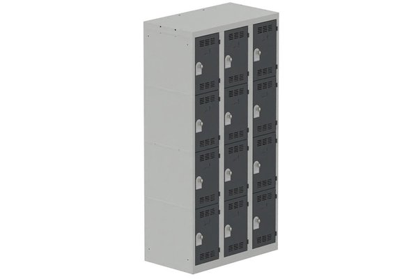 VESTIAIRES MULTICASES - 3 Colonnes - Vestiaire multicases, 3 colonnes L.90cm/12 cases, coffre gris clair/portes anthracite