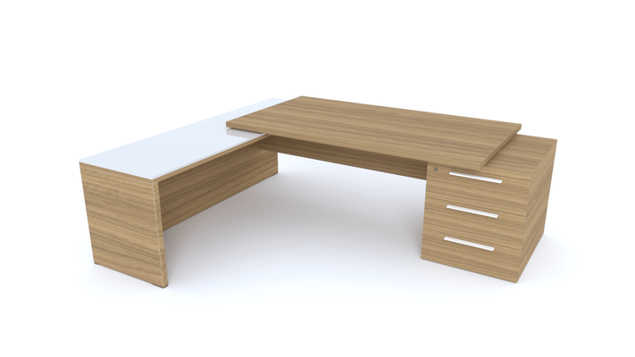 Gamme X5 - Tables de Bureau avec retour - X5 Ensemble de bureau 230x200cm : table 180x90cm avec retour mur et caisson débordant top verre 60x200cm /noyer poignées blanches