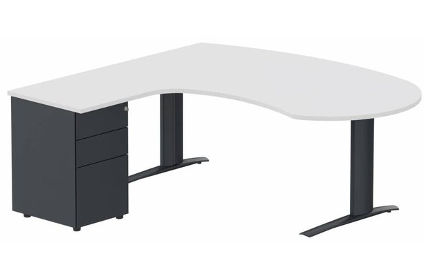 Gamme K1 - Plans compacts - K1 POUTRE compact 90° manager 190x141x104x60cm sur caisson HB métal 3 tiroirs, plateau blanc, structure anthracite
