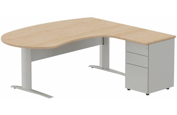 Gamme K1 - Plans compacts - K1 VDF métal compact 90° manager 190x141x104x60cm sur caisson HB métal 3 tiroirs, plateau hêtre, structure aluminium